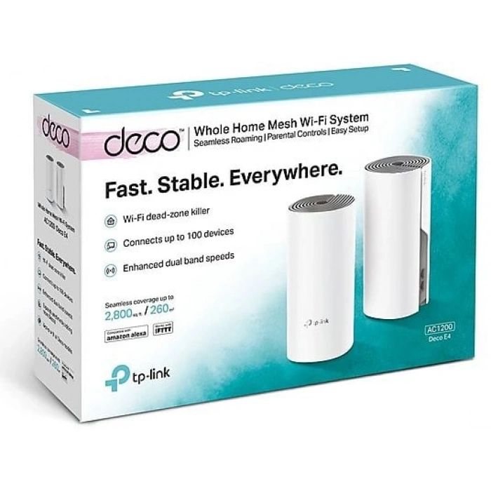 TP-LINK Deco E4 (2-Pack) | Wi-Fi 5 Mesh | AC1200 Mbps | Fiber Destekli | Çift Bant | 100 Mbps Port | 100 Cihaz | 260 m² Kapsama | WPA3 | Mobil Kurulum