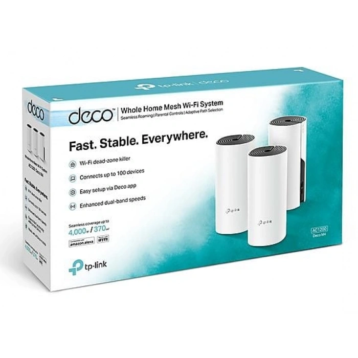 TP-LINK Deco M4 (3-Pack) | Wi-Fi 5 Mesh | AC1200 Mbps | Fiber Destekli | Çift Bant | Gigabit Port | 100 Cihaz | 370 m² Kapsama | WPA3 | Mobil Kurulum