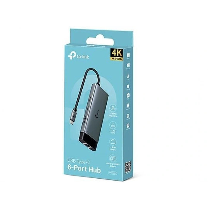 TP-LINK UH6120C | USB-C 6-in-1 Hub | 4K HDMI | 1 Gbps Ethernet | 100W Şarj | USB-C & A Data | SD/microSD | Tak & Çalıştır