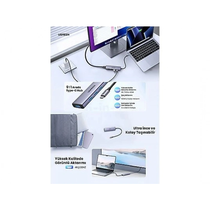 UGREEN 5-in-1 USB-C 100W PD 4K HDMI Hub Çoklayıcı, Gri, 15596