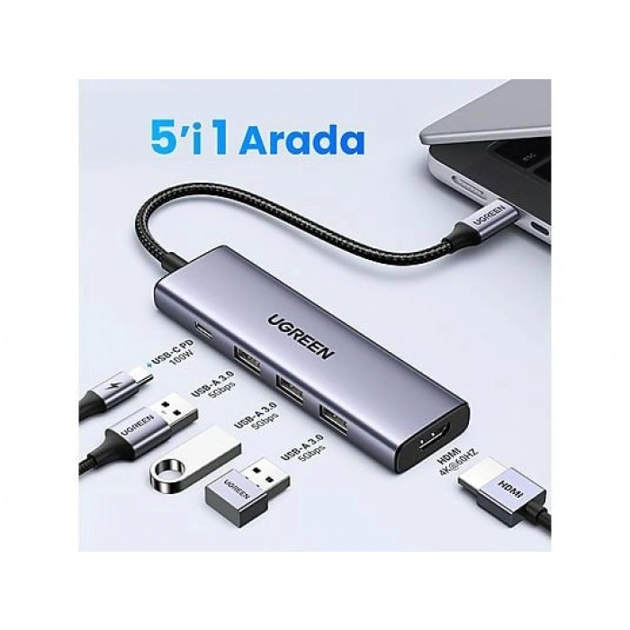 UGREEN 5-in-1 USB-C 100W PD 4K HDMI Hub Çoklayıcı, Gri, 15596