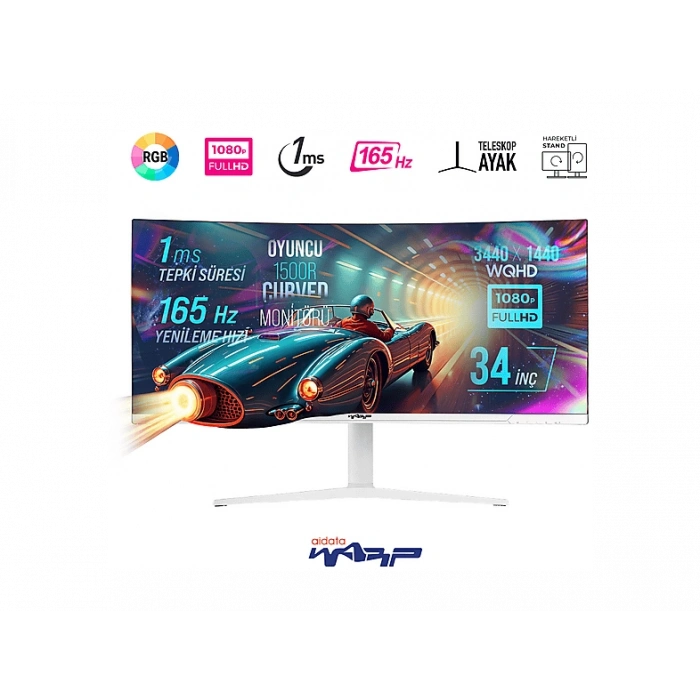 WARP WP34/ 165Hz/ 1MS(MPRT) / WQHD/ Curved/ RGB/ G-Sync/ FreeSync/ Oyuncu Monitörü Beyaz