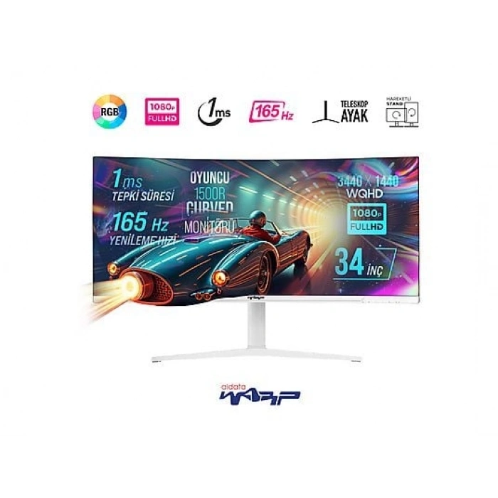 WARP WP34/ 165Hz/ 1MS(MPRT) / WQHD/ Curved/ RGB/ G-Sync/ FreeSync/ Oyuncu Monitörü Beyaz