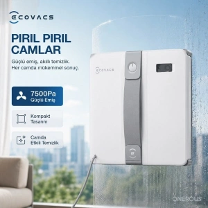 Ecovacs 7500PA Güçlü Emişli 4 Temizlik Modu ve Kaymaz Güvenlik Sistemli Mini Cam Silme Robotu, Çift Nozullu