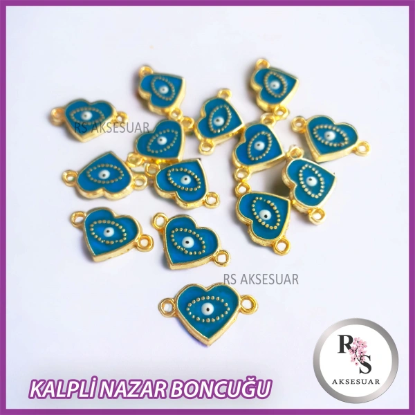 1 Adet Kalp Nazar Metal Kulplu Boncuk