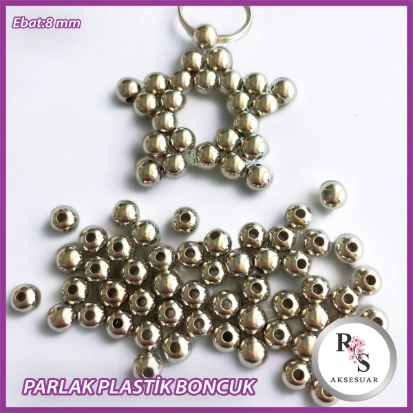 100 gram 8 mm Gümüş Renkli Plastik Boncuk - Yıldız anahtarlık yapımı için...