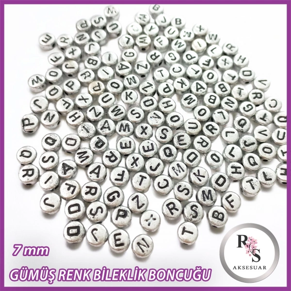 7mm Gümüş Renkli Yassı Harf Boncuk -Bileklik boncuğu -100 gram