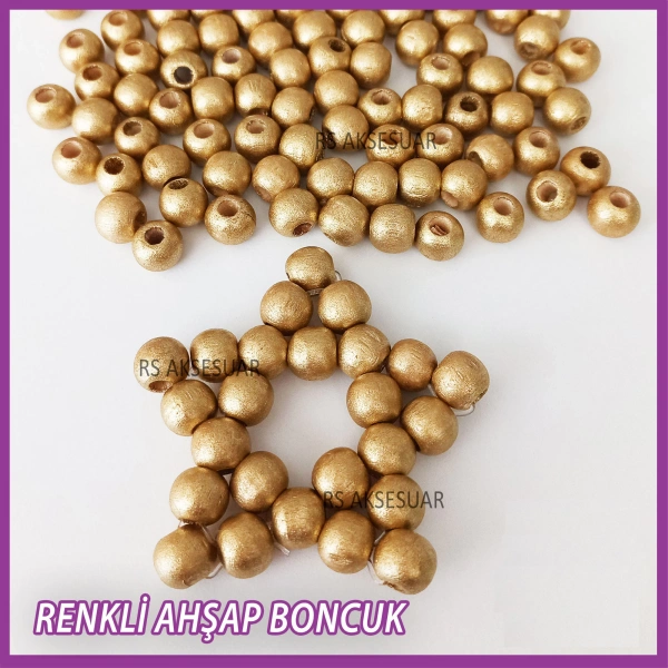 100gr 8mm Ahşap Boncuk- ALTIN - Yıldız anahtarlık yapımı için...