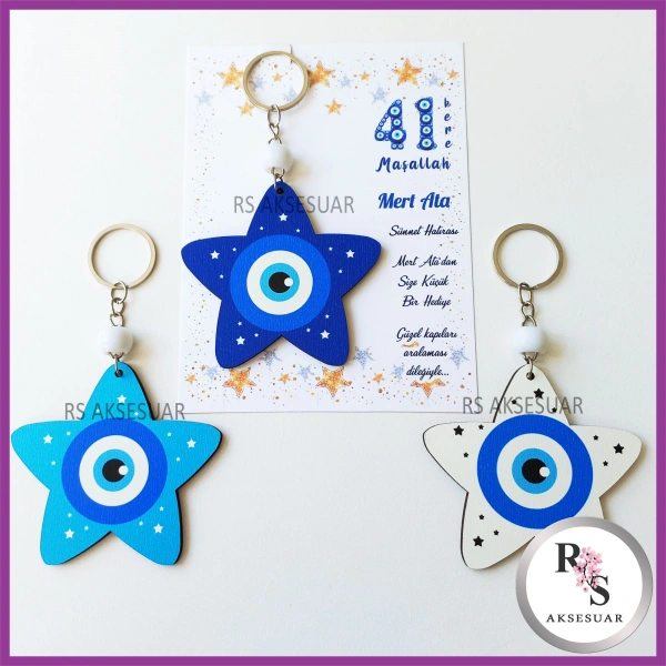 Ahşap Yıldız Nazar Boncuğu Sünnet Anahtarlık - SS023