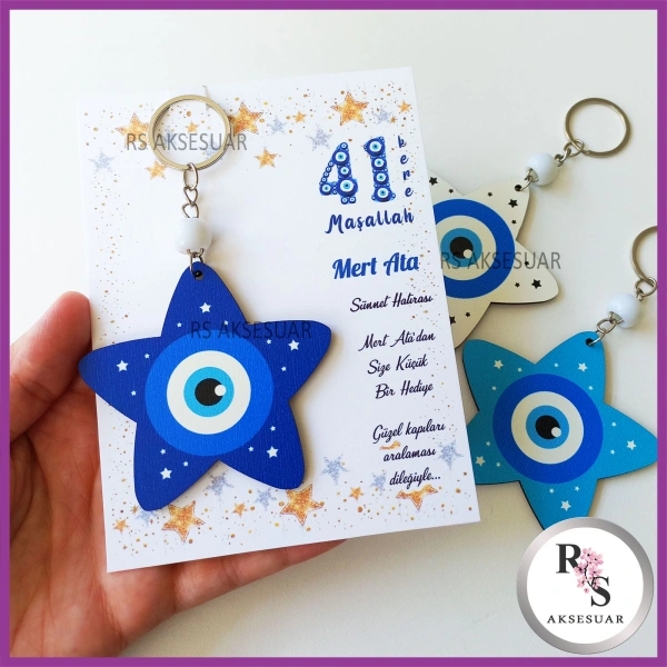 Ahşap Yıldız Nazar Boncuğu Sünnet Anahtarlık - SS023