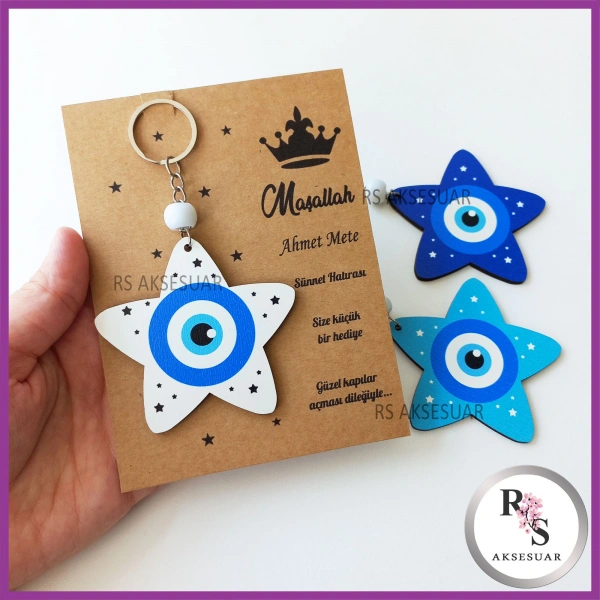 Ahşap Yıldız Nazar Boncuğu Sünnet Anahtarlık - SS028