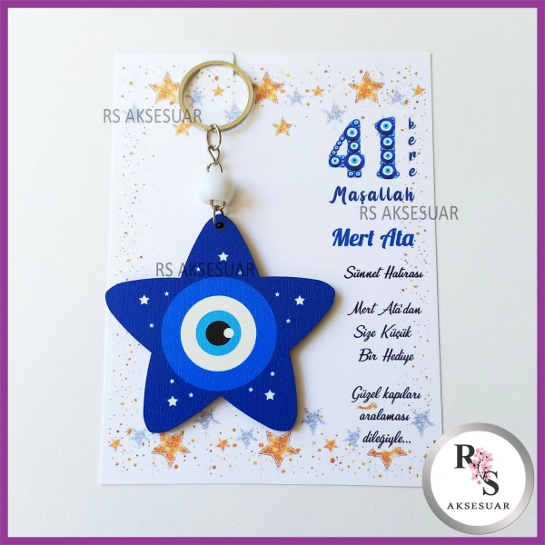 Ahşap Yıldız Nazar Boncuğu Sünnet Anahtarlık - SS023
