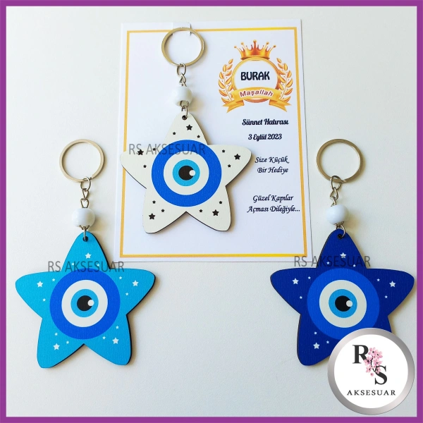 Ahşap Yıldız Nazar Boncuğu Sünnet Anahtarlık - SS027