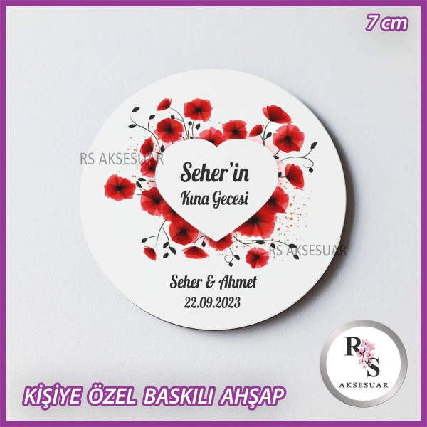 Gelincik Baskılı Ahşap Nikah-Kına Hediyelik -uv38