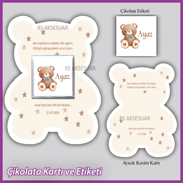 Ayıcıklı Bebek Çikolatası Kartı ve Etiketi - rs5670