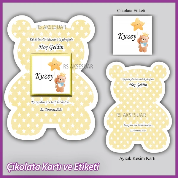 Ayıcıklı Bebek Çikolatası Kartı ve Etiketi - rs5669