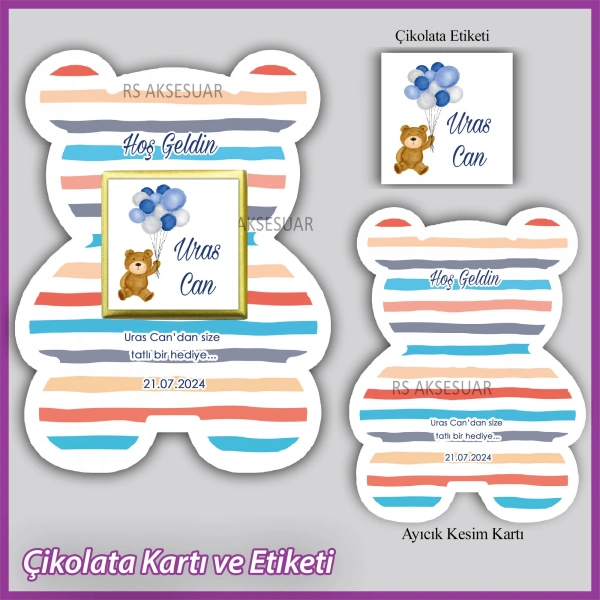 Ayıcıklı Bebek Çikolatası Kartı ve Etiketi