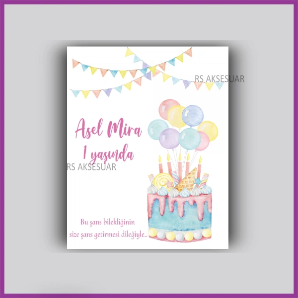 Pastalı Doğum Günü Temalı Hediyelik Bileklik İsim Kartı