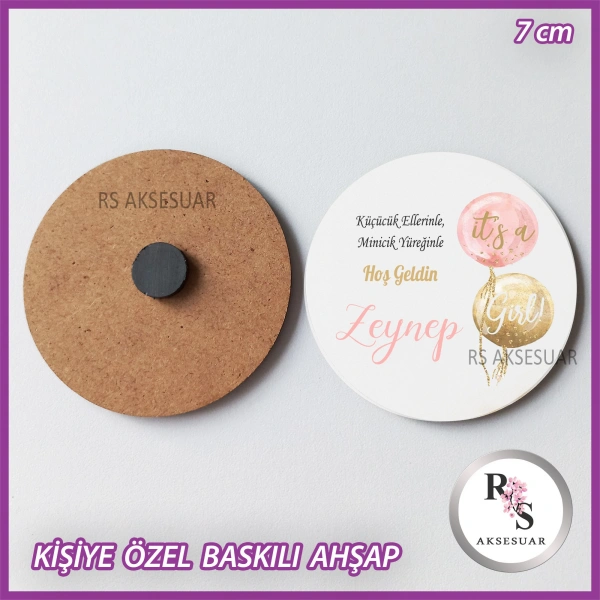 Pembe Balon Baskılı Ahşap Bebek Hediyelik -uv23