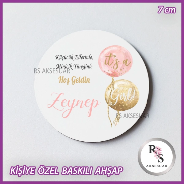 Pembe Balon Baskılı Ahşap Bebek Hediyelik -uv23