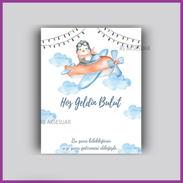 Uçak ve Penguenli Temalı Hediyelik Bileklik İsim Kartı