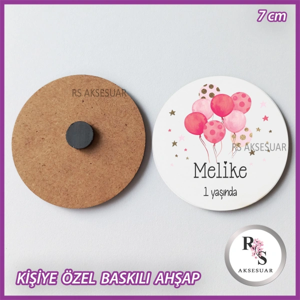 Pembe Balon Baskılı Ahşap Bebek Hediyelik -uv19
