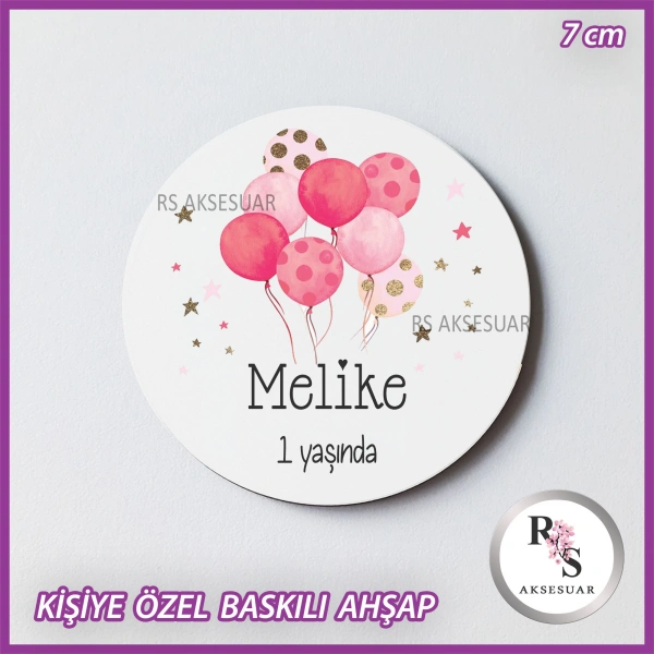 Pembe Balon Baskılı Ahşap Bebek Hediyelik -uv19
