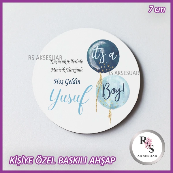 Mavi Balon Baskılı Ahşap Bebek Hediyelik -uv22