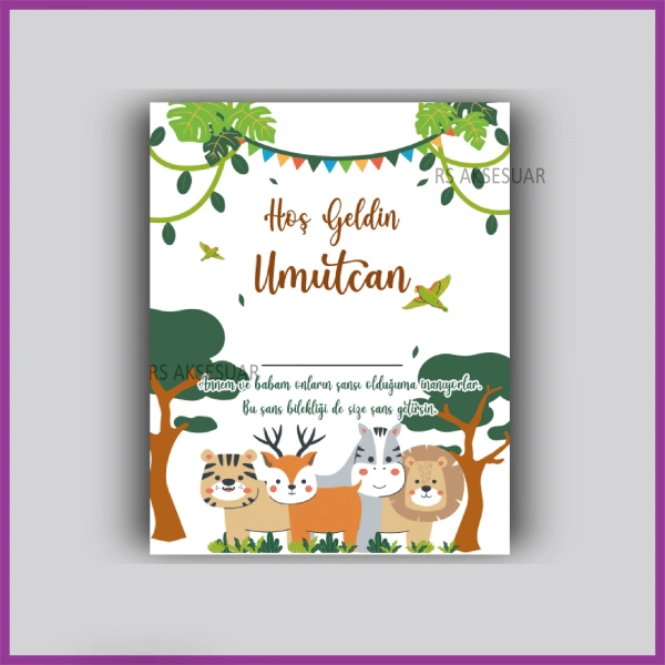 Tropikal Safari Hayvanlar Temalı Hediyelik Bileklik İsim Kartı