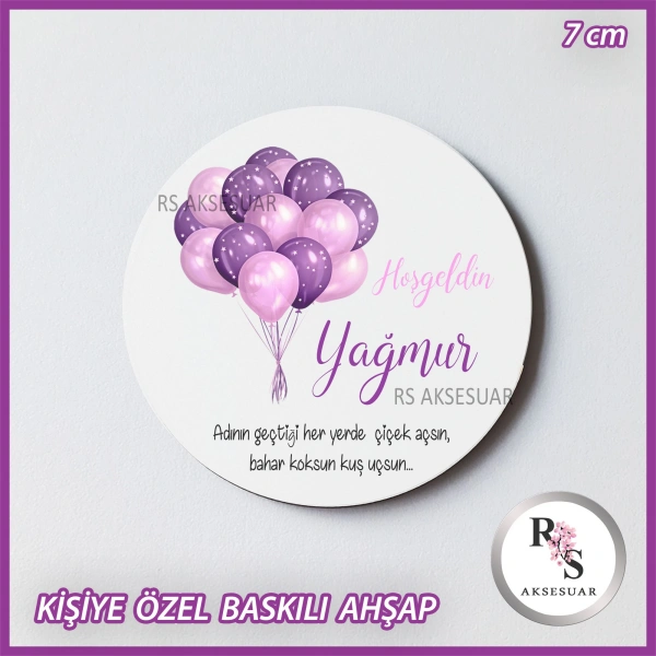 Mor Balon Baskılı Ahşap Bebek Hediyelik -uv18