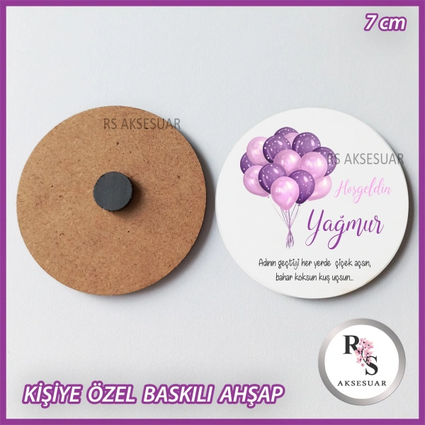 Mor Balon Baskılı Ahşap Bebek Hediyelik -uv18