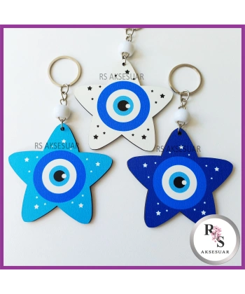 Ahşap Yıldız Nazar Boncuğu Anahtarlık -uv47