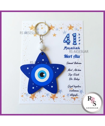 Ahşap Yıldız Nazar Boncuğu Sünnet Anahtarlık - SS023