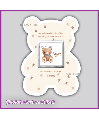Ayıcıklı Bebek Çikolatası Kartı ve Etiketi