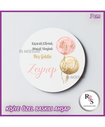 Pembe Balon Baskılı Ahşap Bebek Hediyelik -uv23