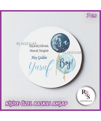 Mavi Balon Baskılı Ahşap Bebek Hediyelik -uv22