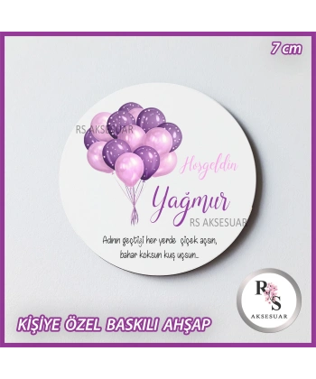 Mor Balon Baskılı Ahşap Bebek Hediyelik -uv18