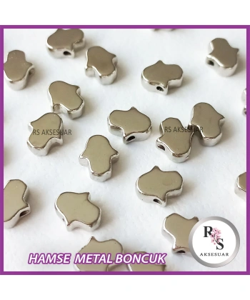 50 adet El, Hamse Metal Boncuk - Şans Bileklik Boncuğu - Gümüş Renkli