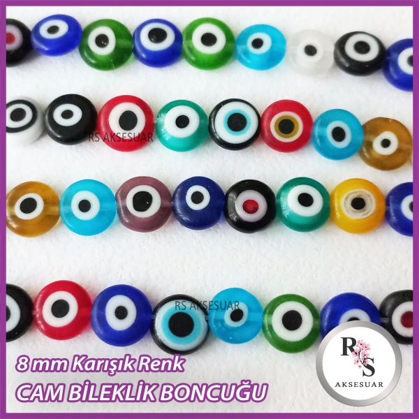48 adet 8 mm Cam Nazarboncuk -Bileklik boncuğu -Karışık Renkli