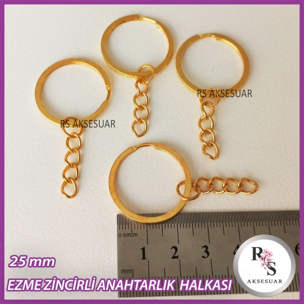 50 adet 2.5 cm Ezme Zincirli Halka Anahtarlık Aparatı -Altın