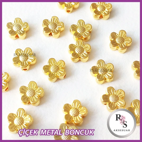 50 adet Papatya Çiçek Metal Boncuk - Şans Bileklik Boncuğu - Altın Renkli
