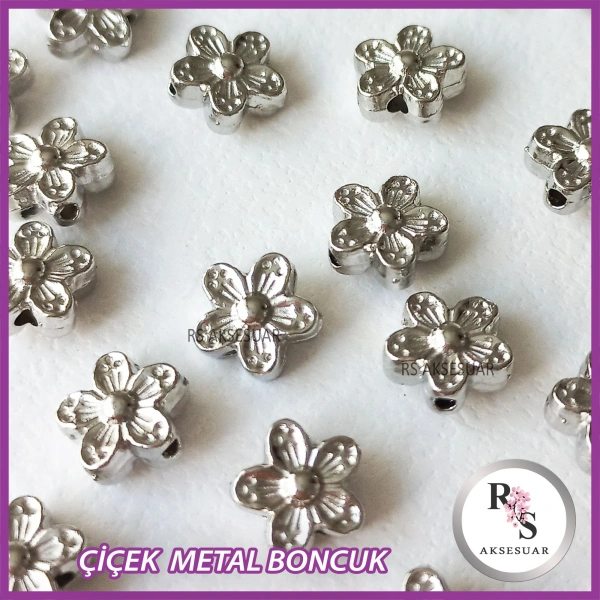 50 adet Papatya Çiçek Metal Boncuk - Şans Bileklik Boncuğu - Gümüş Renkli