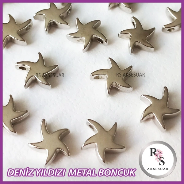 50 adet Deniz Yıldızı Metal Boncuk - Şans Bileklik Boncuğu - Gümüş Renkli