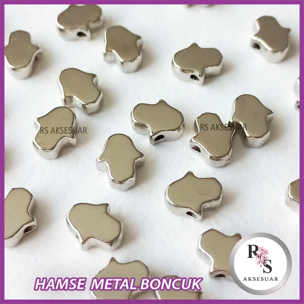 50 adet El, Hamse Metal Boncuk - Şans Bileklik Boncuğu - Gümüş Renkli