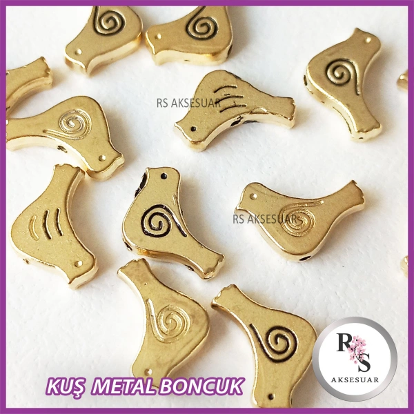 50 adet Kuş Metal Boncuk - Şans Bileklik Boncuğu - Altın Renkli