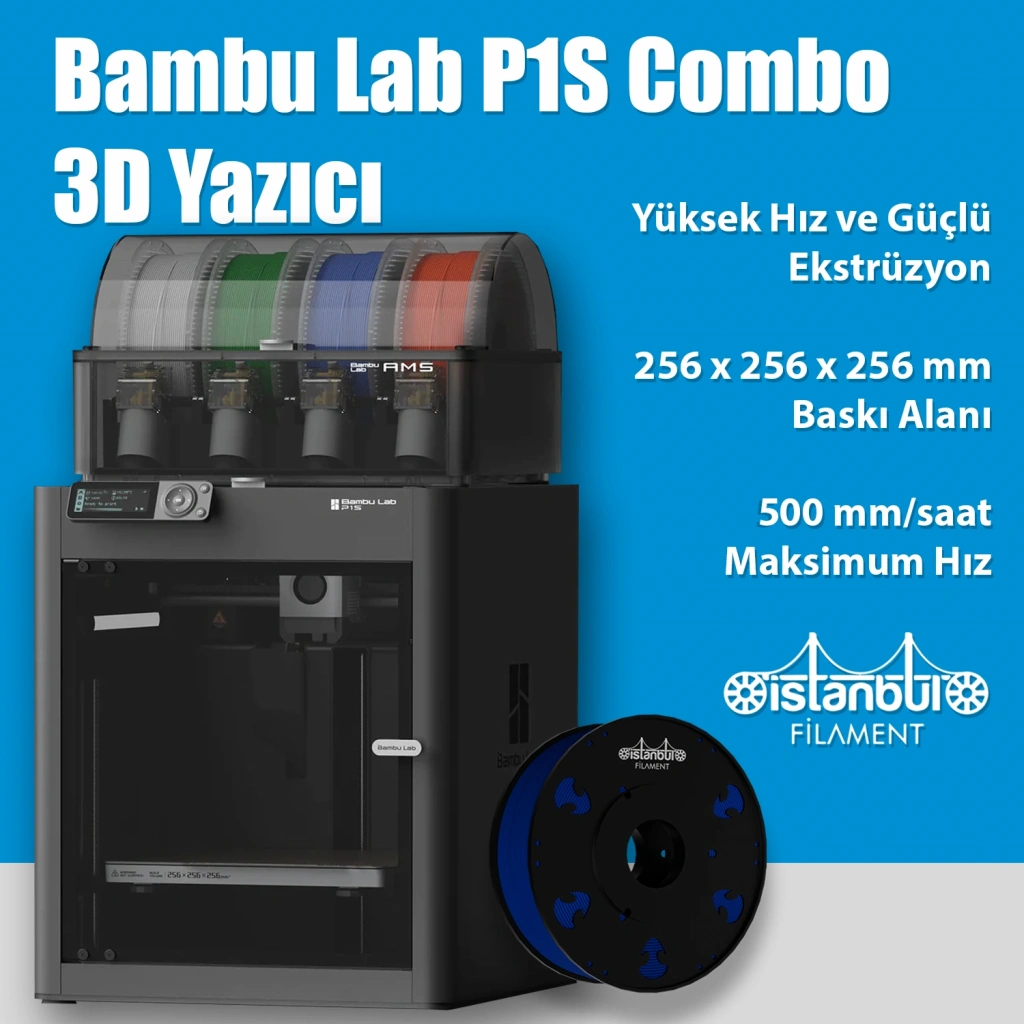 Bambu Lab P1S Combo 3D Yazıcı – 256×256×256mm Kapalı Kabin, 300 °C