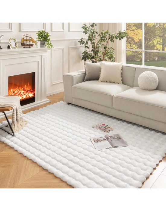 Carpet Dekor İthal Bubble Yumuşak Suni Tavşan Tüyü Halı Beyaz
