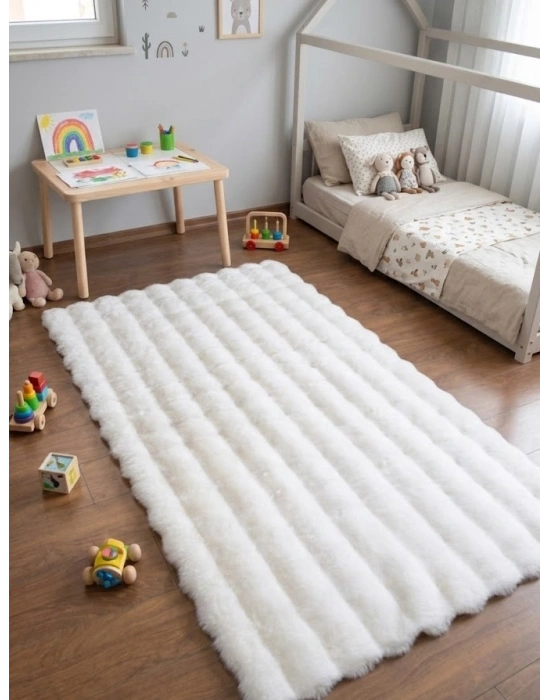 Carpet Dekor İthal Bubble Yumuşak Suni Tavşan Tüyü Halı Beyaz