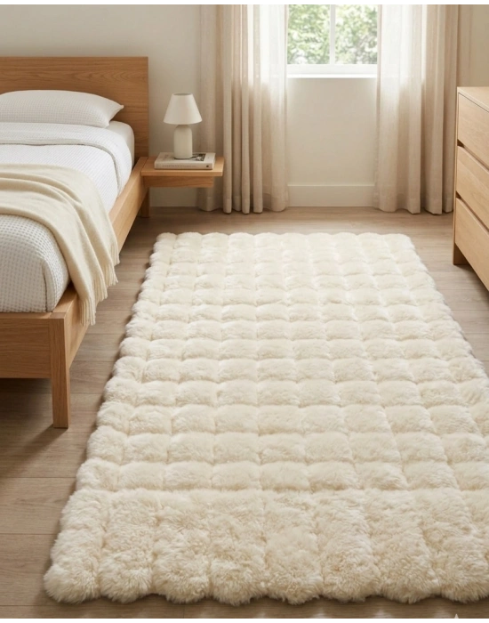 Carpet Dekor İthal Bubble Yumuşak Suni Tavşan Tüyü Halı Krem