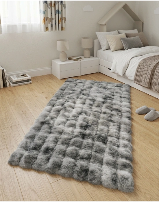 Carpet Dekor İthal Bubble Yumuşak Suni Tavşan Tüyü Halı Gri-Beyaz